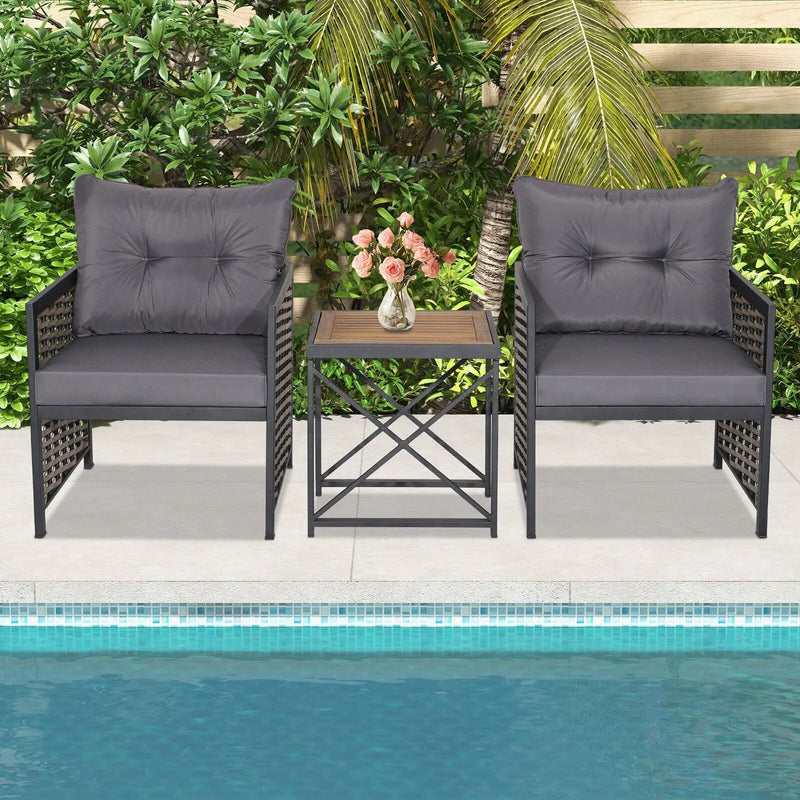 3 Piece Patio Rattan Furniture Set with Acacia Wood Tabletop by DirectDeals