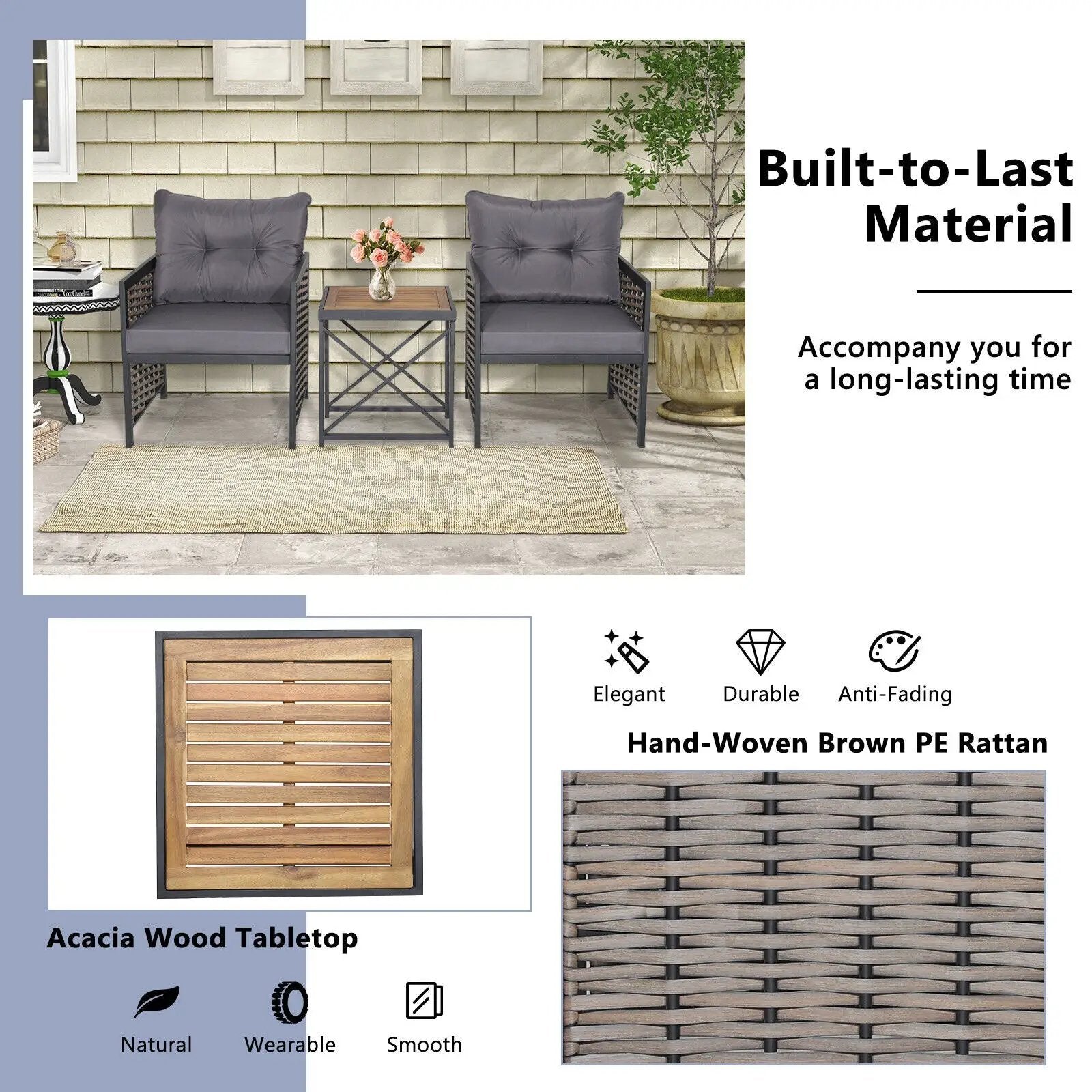 3 Piece Patio Rattan Furniture Set with Acacia Wood Tabletop by DirectDeals