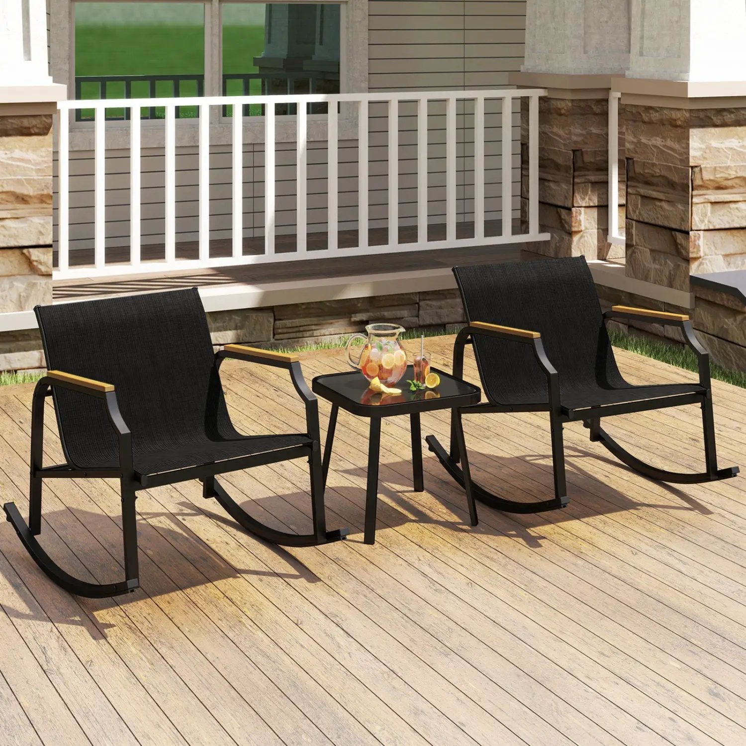 3-Piece Patio Rocking Bistro Set with Glass Coffee Table by DirectDeals