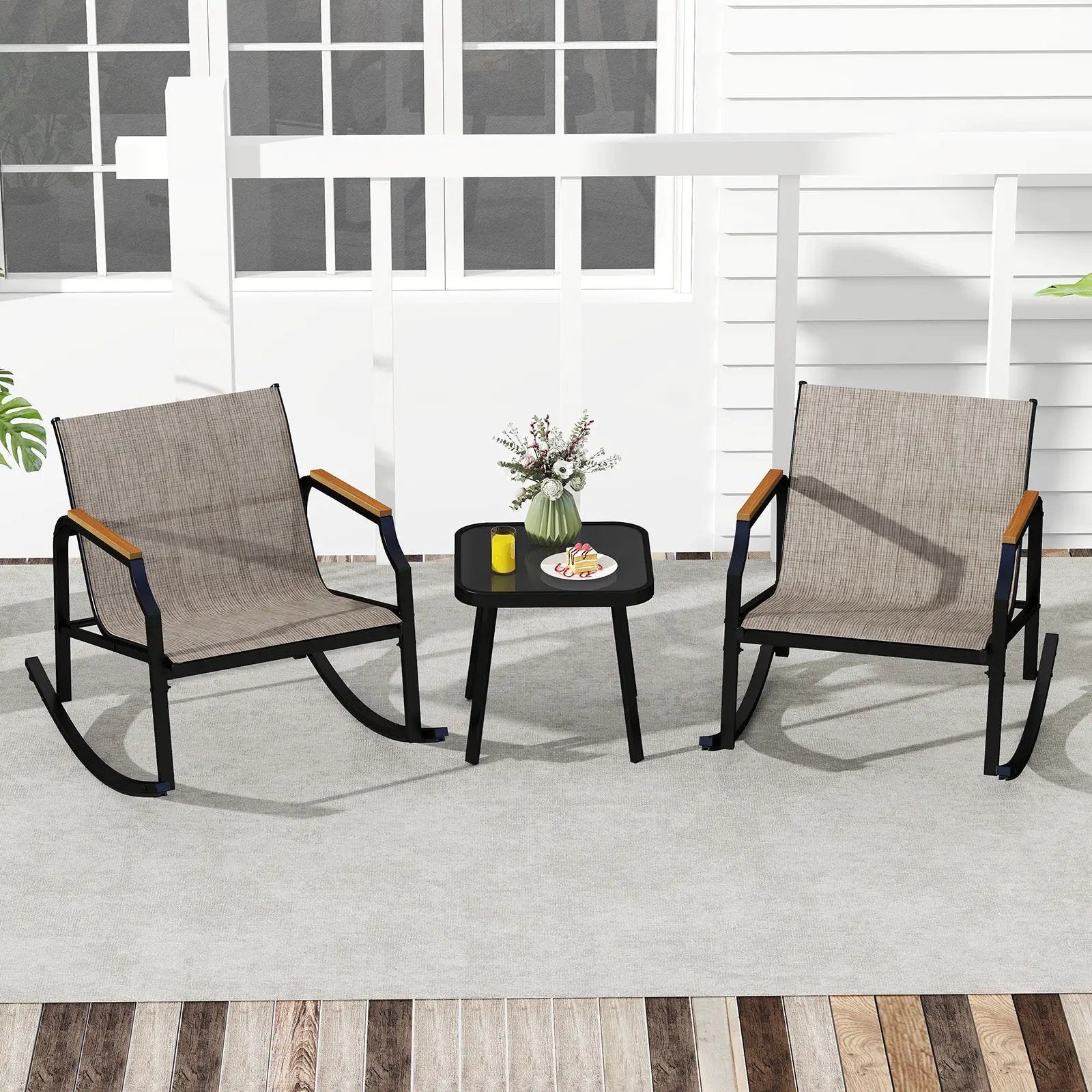 3 Piece Patio Rocking Bistro Set with Tempered Glass Coffee Table and Armrests for Porch-Brown by DirectDeals