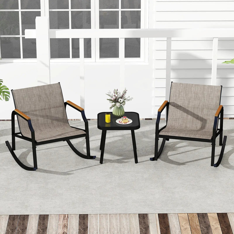 3 Piece Patio Rocking Bistro Set with Tempered Glass Coffee Table and Armrests for Porch-Brown by DirectDeals