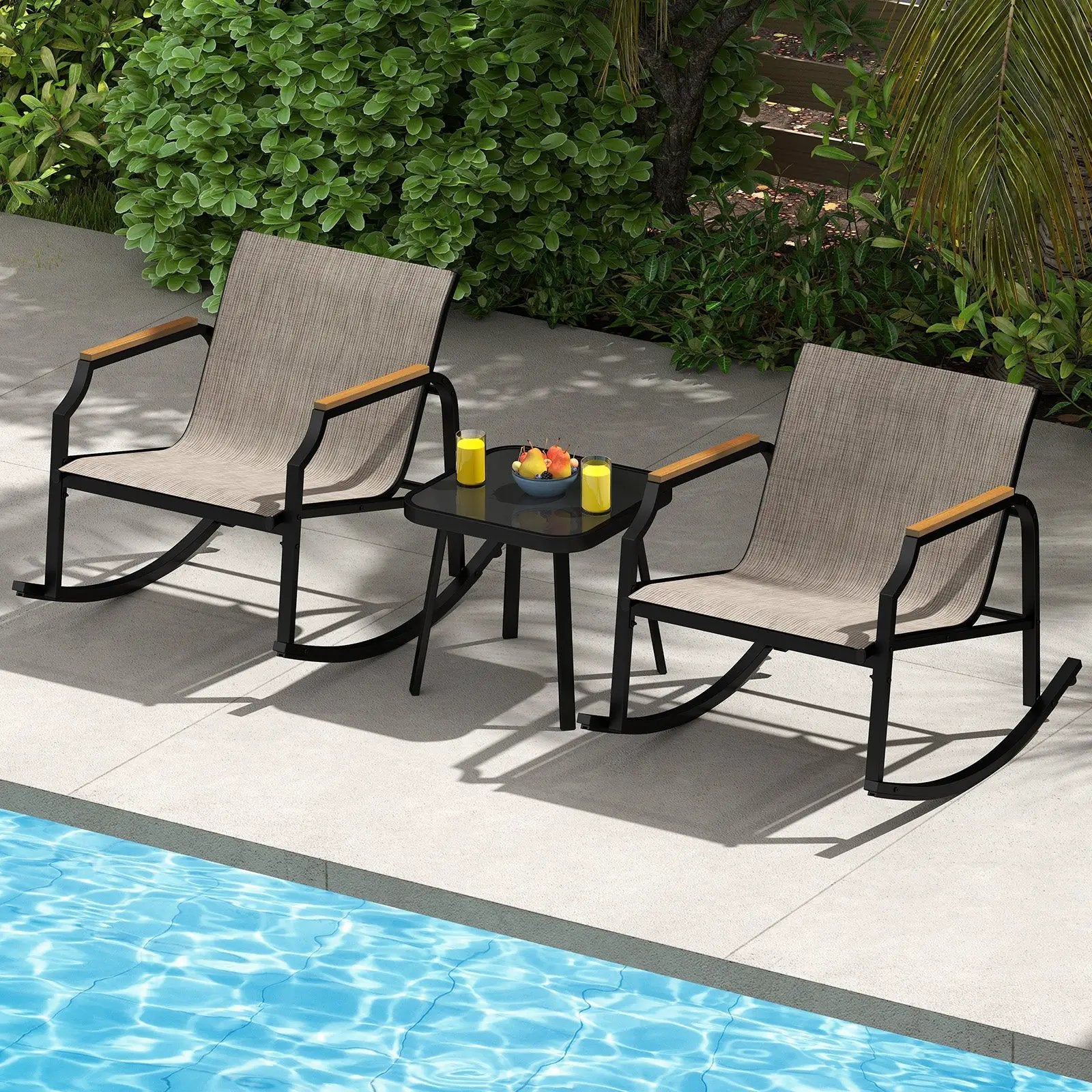 3 Piece Patio Rocking Bistro Set with Tempered Glass Coffee Table and Armrests for Porch-Brown by DirectDeals