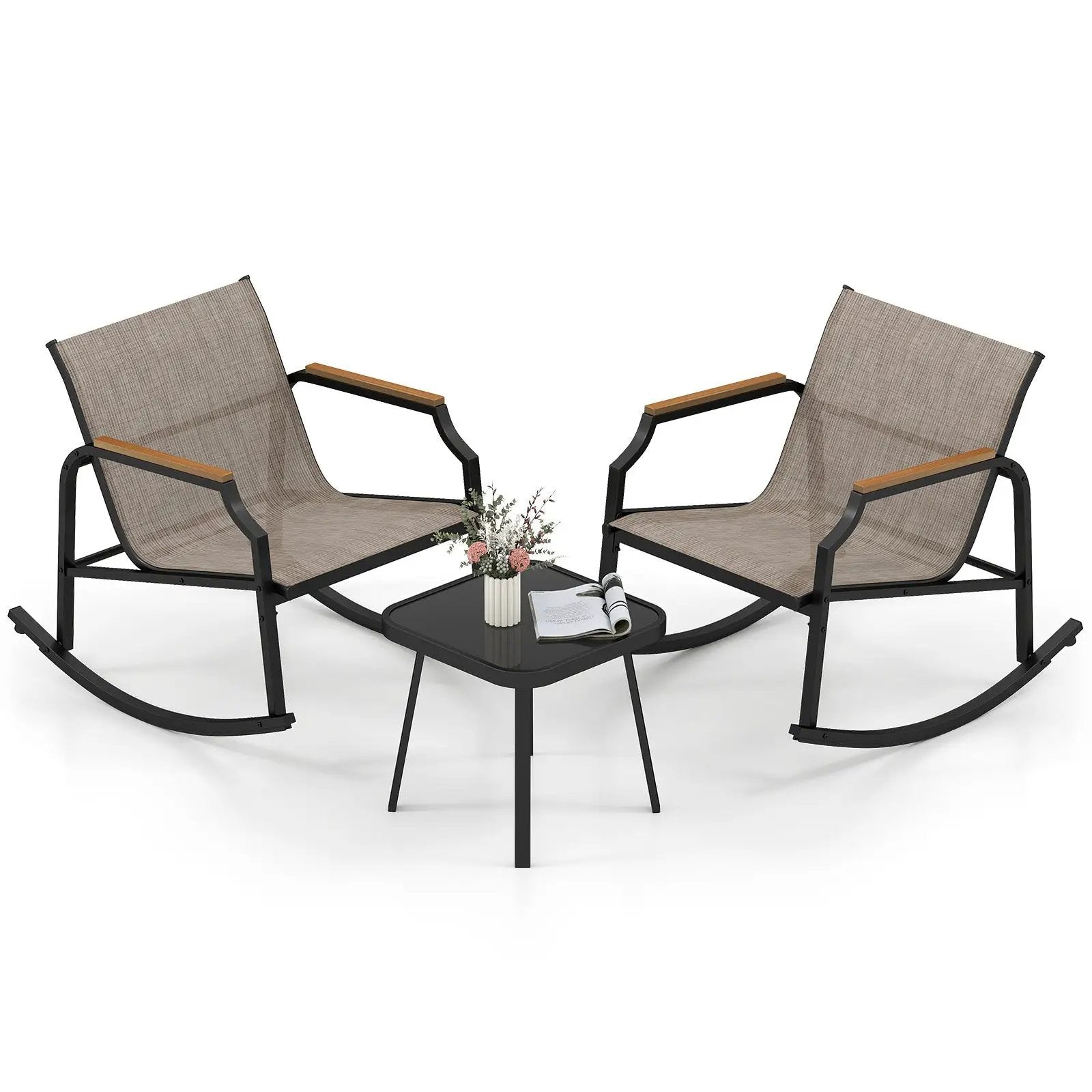 3 Piece Patio Rocking Bistro Set with Tempered Glass Coffee Table and Armrests for Porch-Brown by DirectDeals