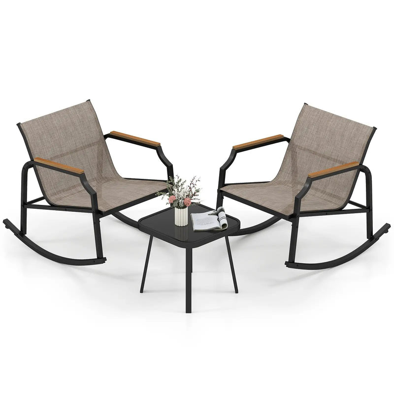3 Piece Patio Rocking Bistro Set with Tempered Glass Coffee Table and Armrests for Porch-Brown by DirectDeals