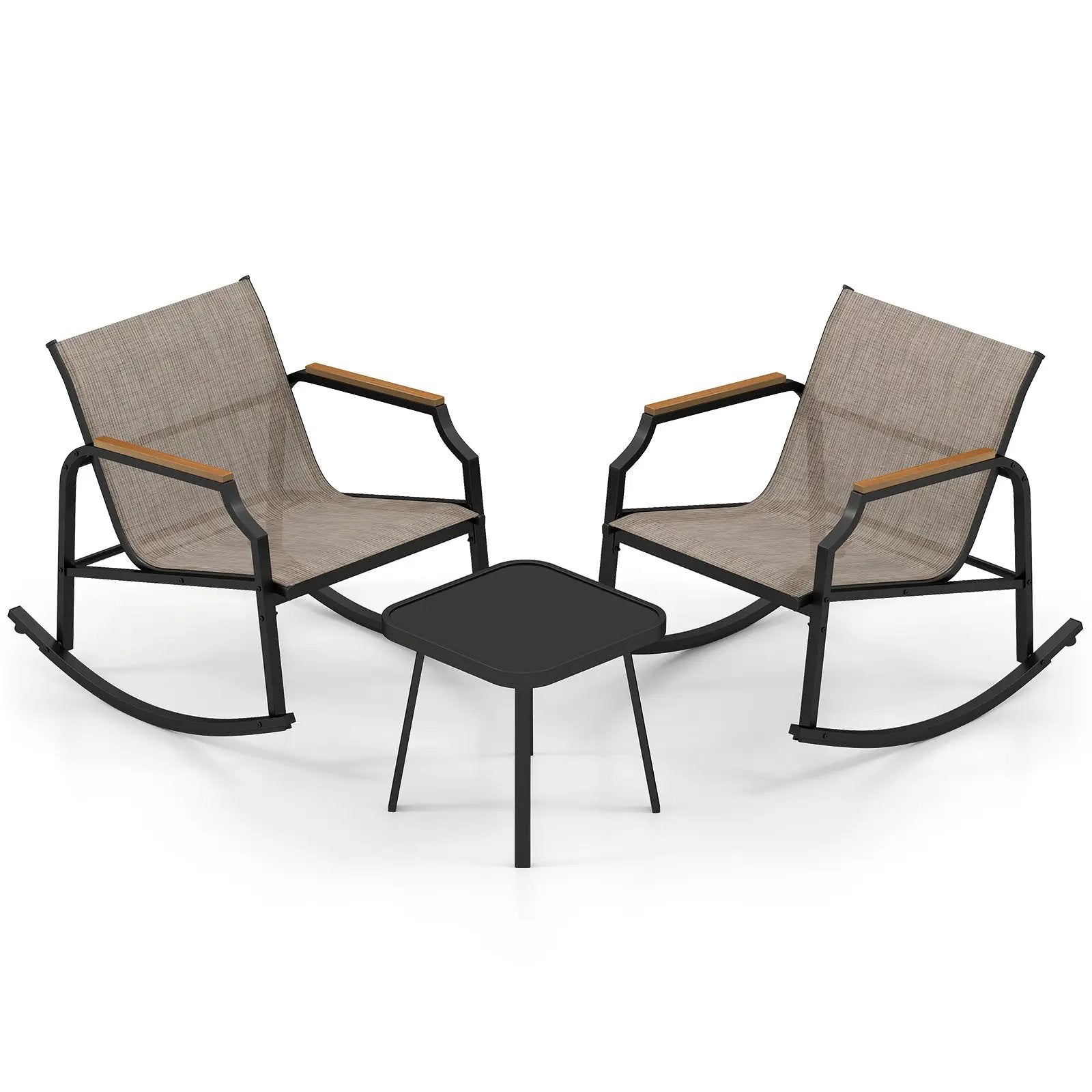 3 Piece Patio Rocking Bistro Set with Tempered Glass Coffee Table and Armrests for Porch-Brown by DirectDeals