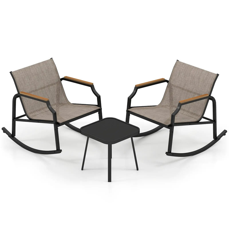 3 Piece Patio Rocking Bistro Set with Tempered Glass Coffee Table and Armrests for Porch-Brown by DirectDeals