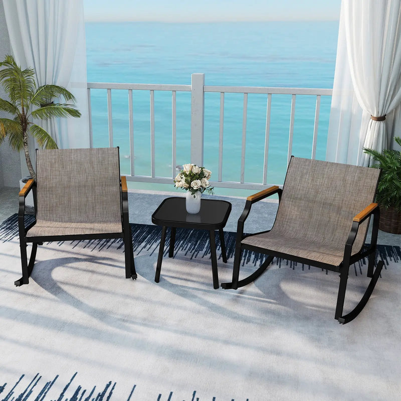 3 Piece Patio Rocking Bistro Set with Tempered Glass Coffee Table and Armrests for Porch-Brown by DirectDeals