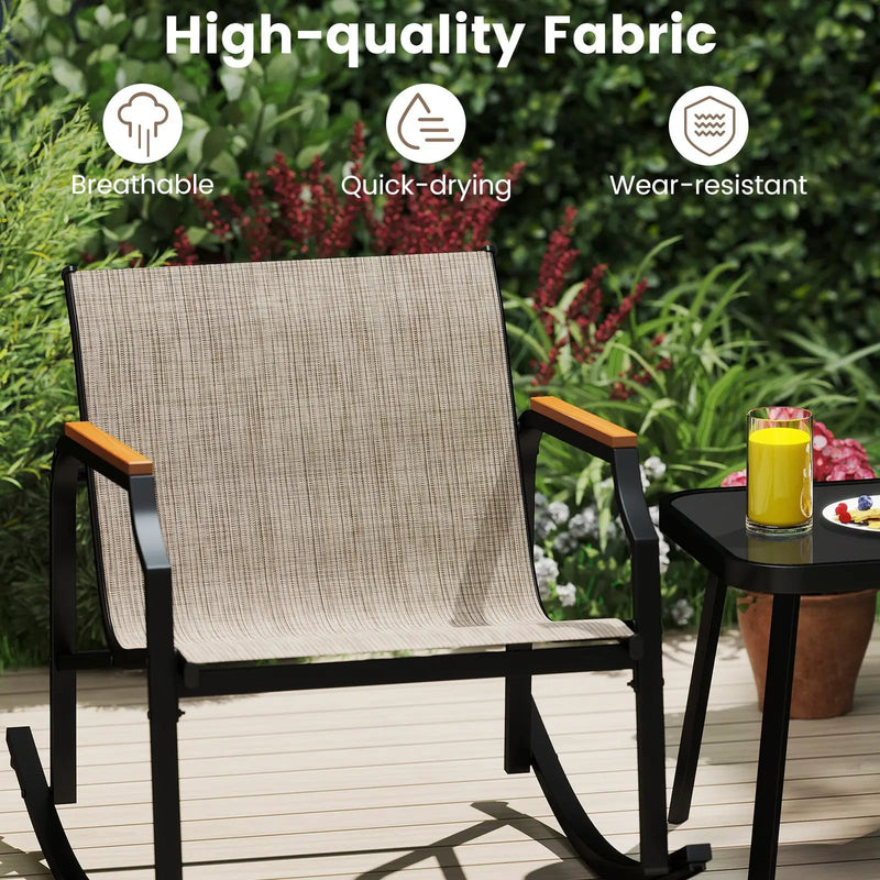 3 Piece Patio Rocking Bistro Set with Tempered Glass Coffee Table and Armrests for Porch-Brown by DirectDeals
