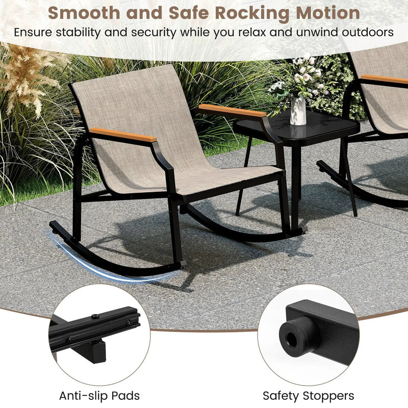 3 Piece Patio Rocking Bistro Set with Tempered Glass Coffee Table and Armrests for Porch-Brown by DirectDeals