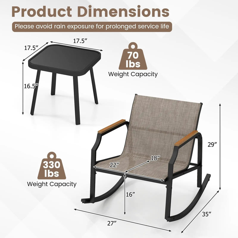 3 Piece Patio Rocking Bistro Set with Tempered Glass Coffee Table and Armrests for Porch-Brown by DirectDeals