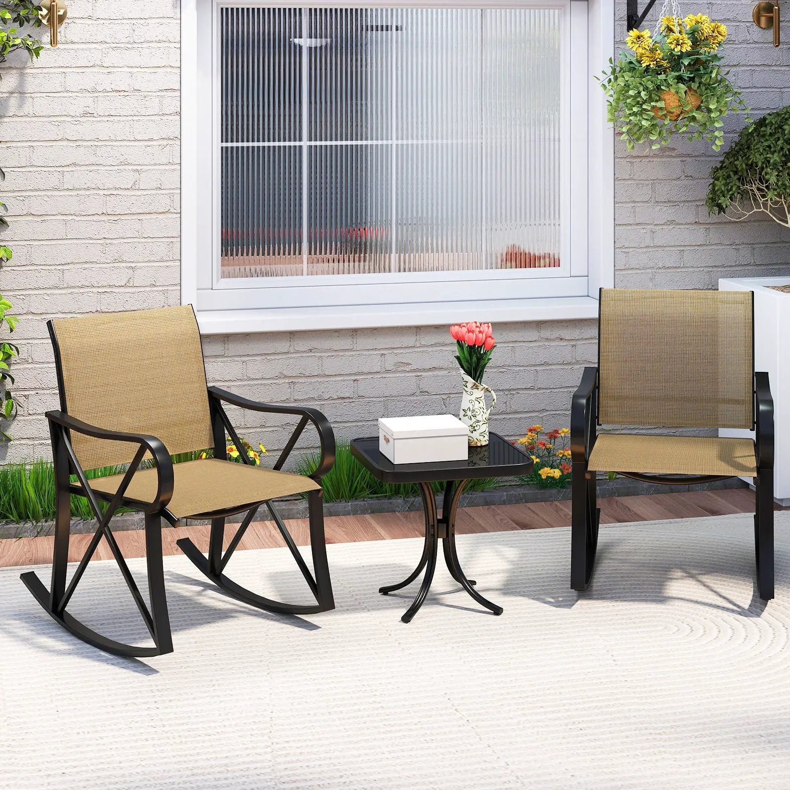 3 Piece Patio Rocking Set with Smooth Rocking Motion Outdoor Rocker Chair Bistro Set by DirectDeals