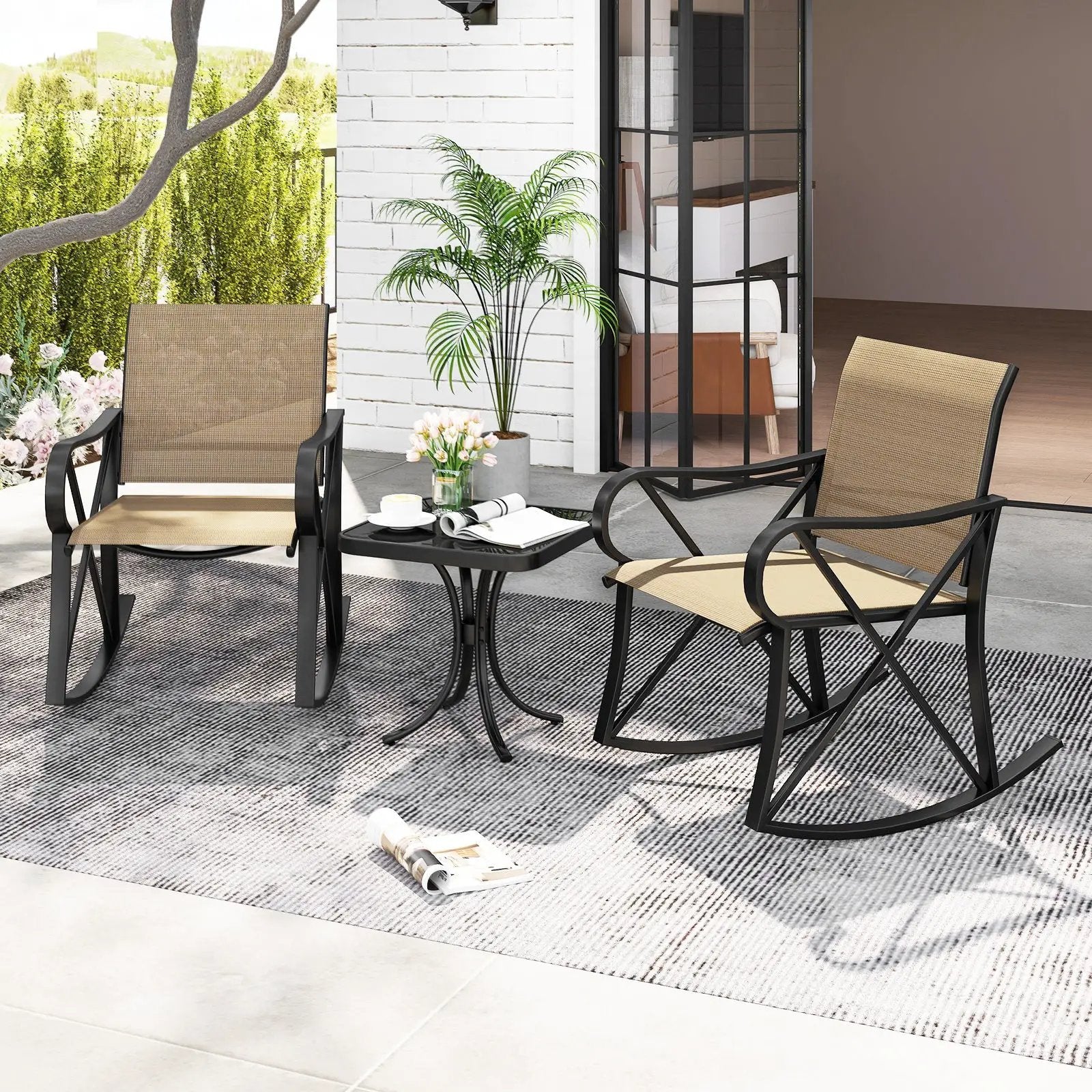 3 Piece Patio Rocking Set with Smooth Rocking Motion Outdoor Rocker Chair Bistro Set by DirectDeals