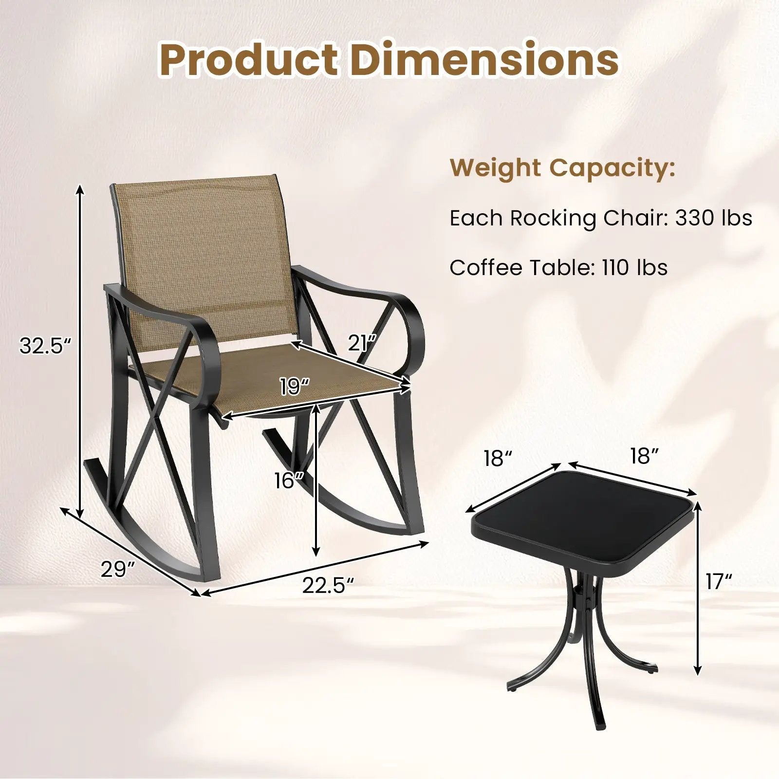 3 Piece Patio Rocking Set with Smooth Rocking Motion Outdoor Rocker Chair Bistro Set by DirectDeals
