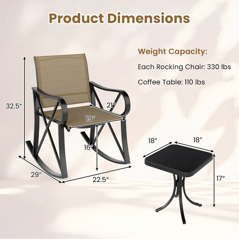 3 Piece Patio Rocking Set with Smooth Rocking Motion Outdoor Rocker Chair Bistro Set by DirectDeals