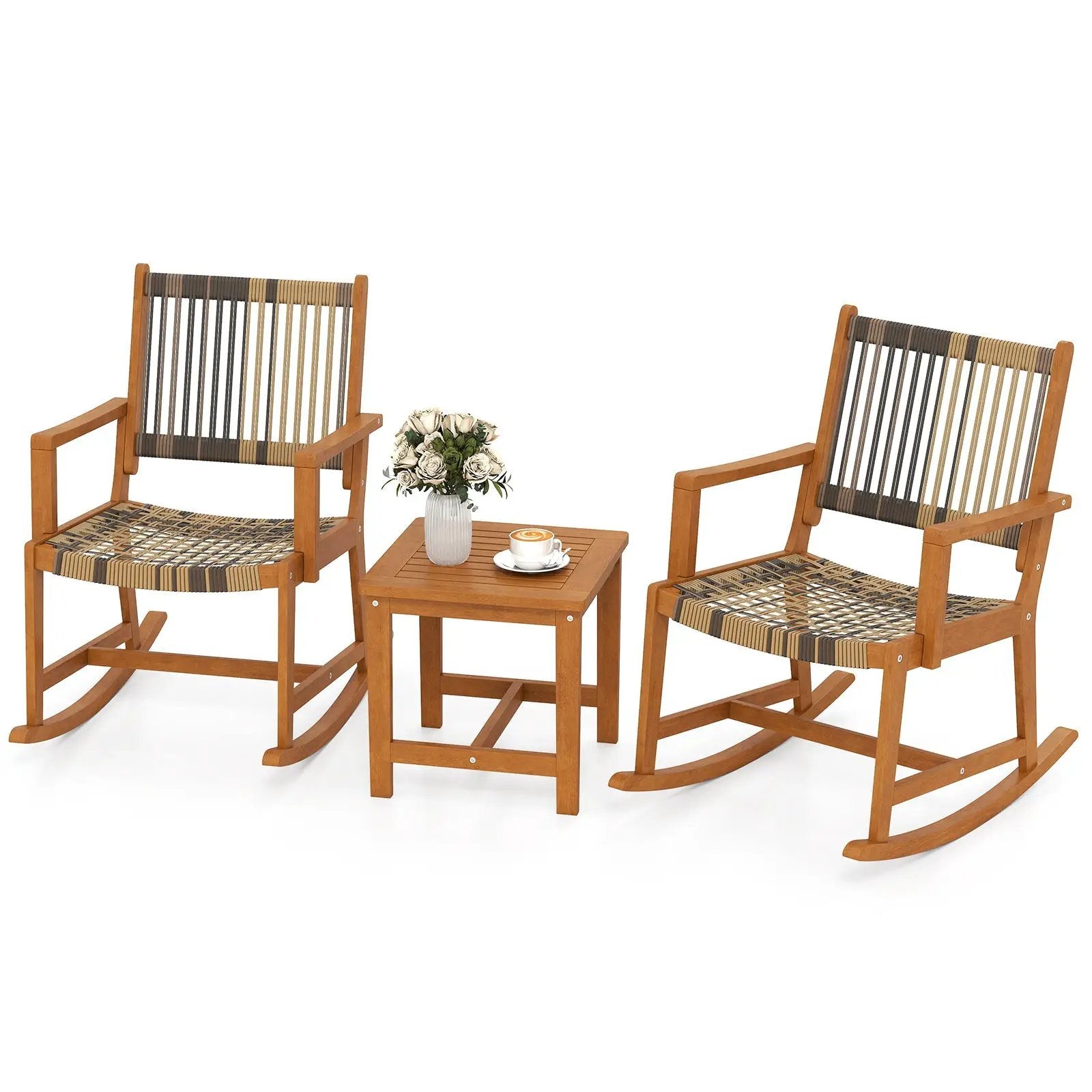 3 Piece Patio Rocking Set Acacia Wood Rocker Bistro Set with Rattan Seat and Back by DirectDeals
