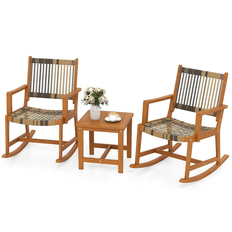 3 Piece Patio Rocking Set Acacia Wood Rocker Bistro Set with Rattan Seat and Back by DirectDeals