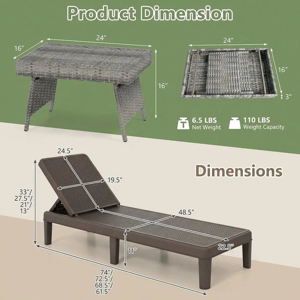 3-Piece Patio Set with 2 Adjustable Lounger Chairs and Rattan Side Table by DirectDeals
