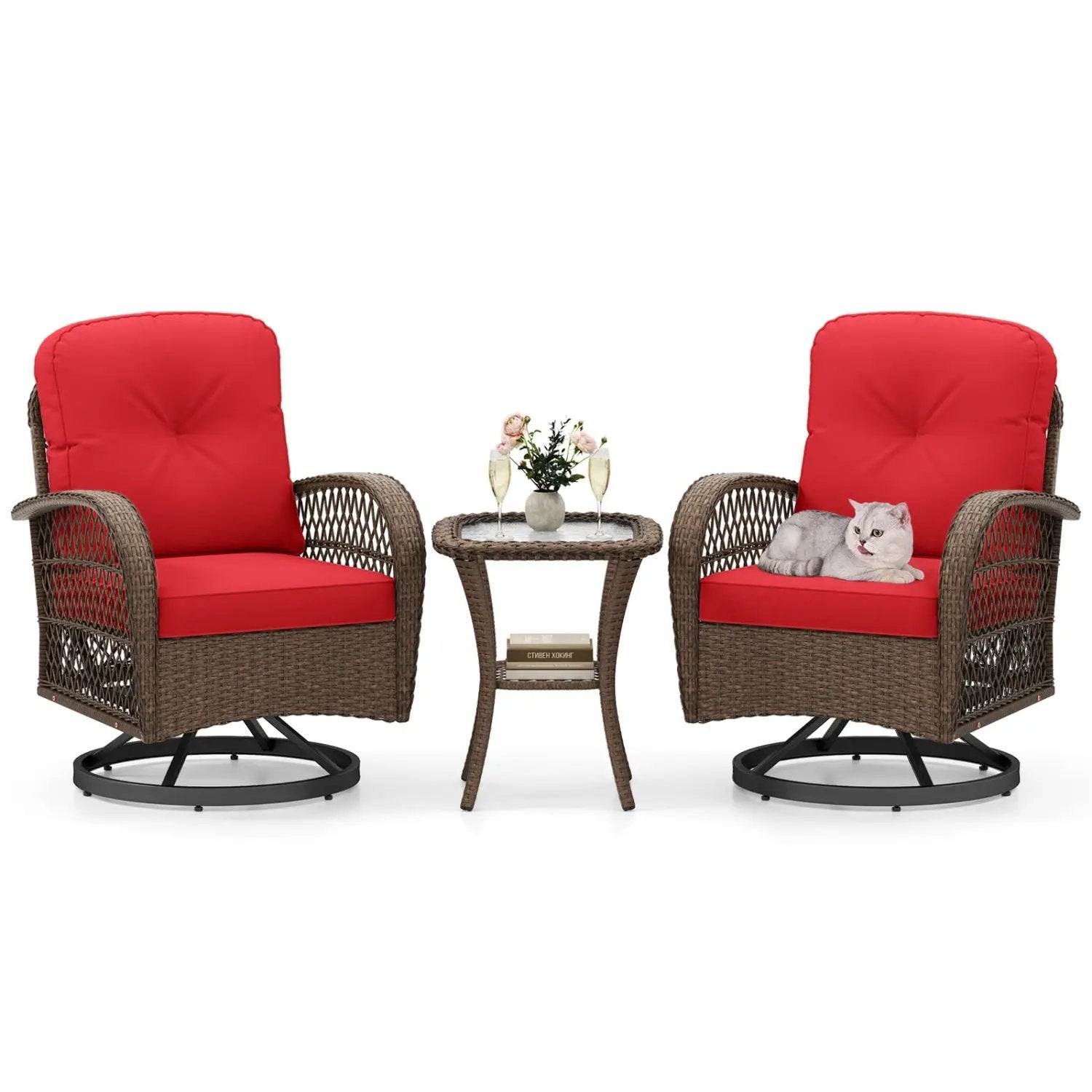 3 Piece Patio Swivel Rocker Set with Tempered Glass Side Table and Thick Cushions by DirectDeals