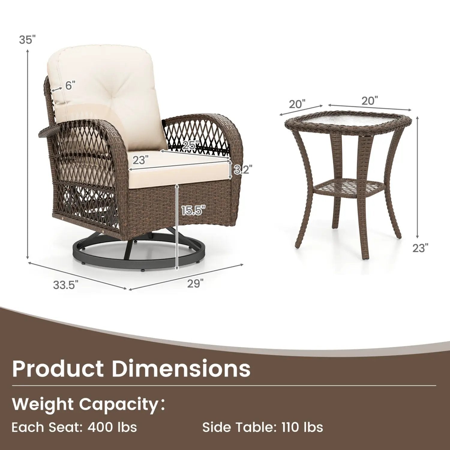3-Piece Patio Swivel Rocker Set with Glass Side Table by DirectDeals