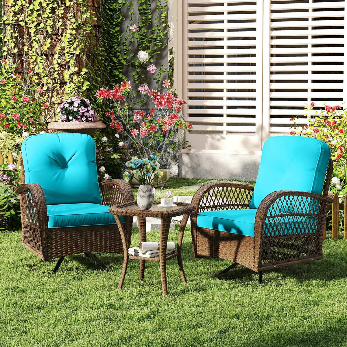 3-Piece Patio Swivel Rocker Set with Glass Side Table