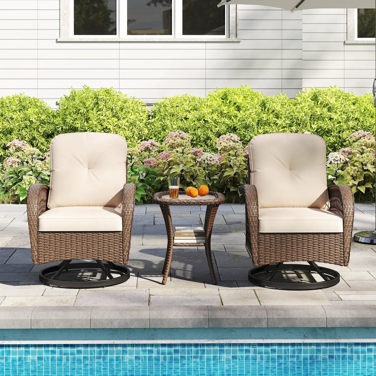 3 Piece Patio Swivel Rocker Set with Tempered Glass Side Table and Thick Cushions by DirectDeals