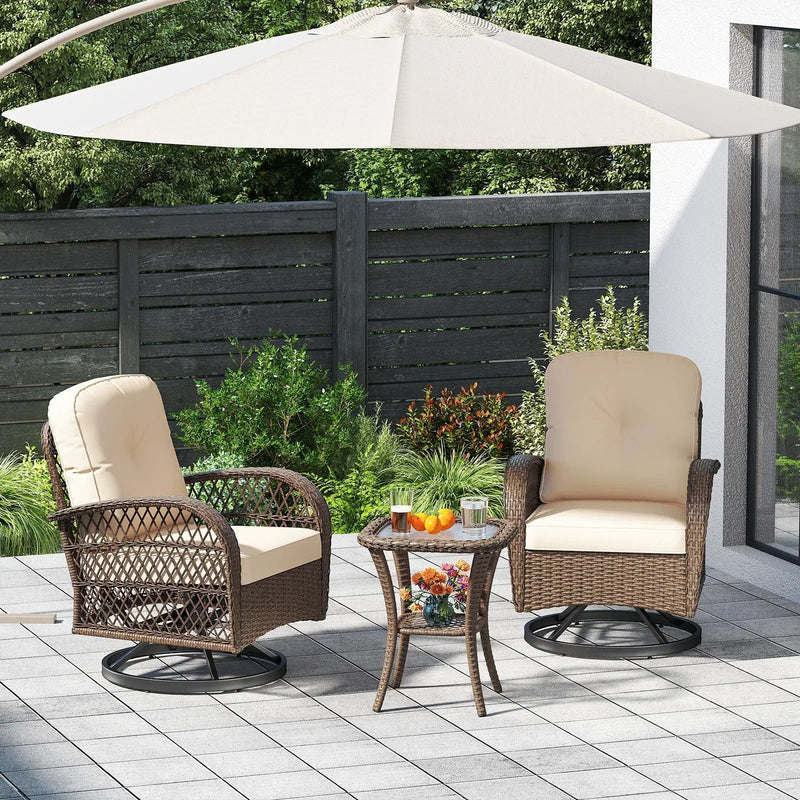 3 Piece Patio Swivel Rocker Set with Tempered Glass Side Table and Thick Cushions by DirectDeals