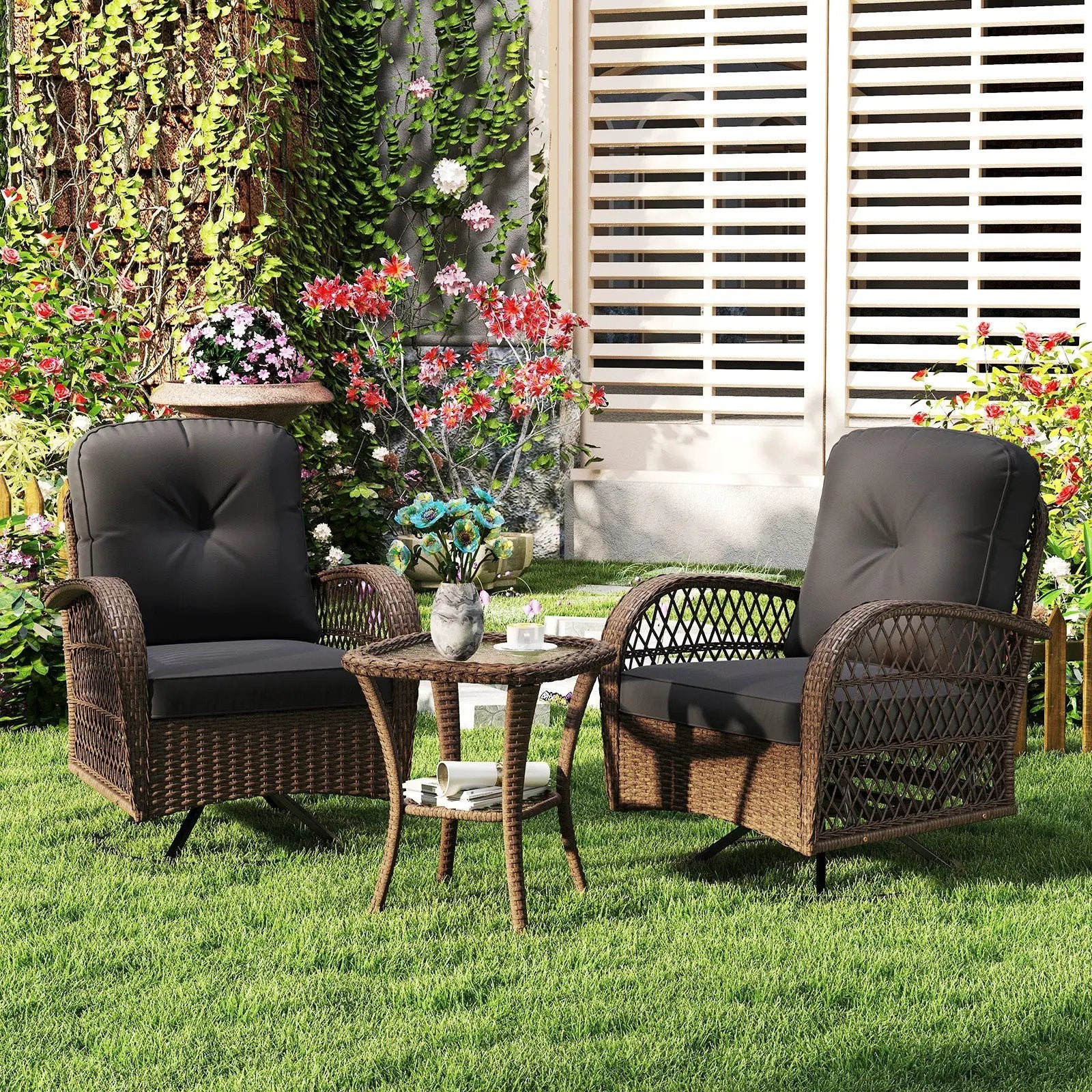 3 Piece Patio Swivel Rocker Set with Tempered Glass Side Table and Thick Cushions by DirectDeals
