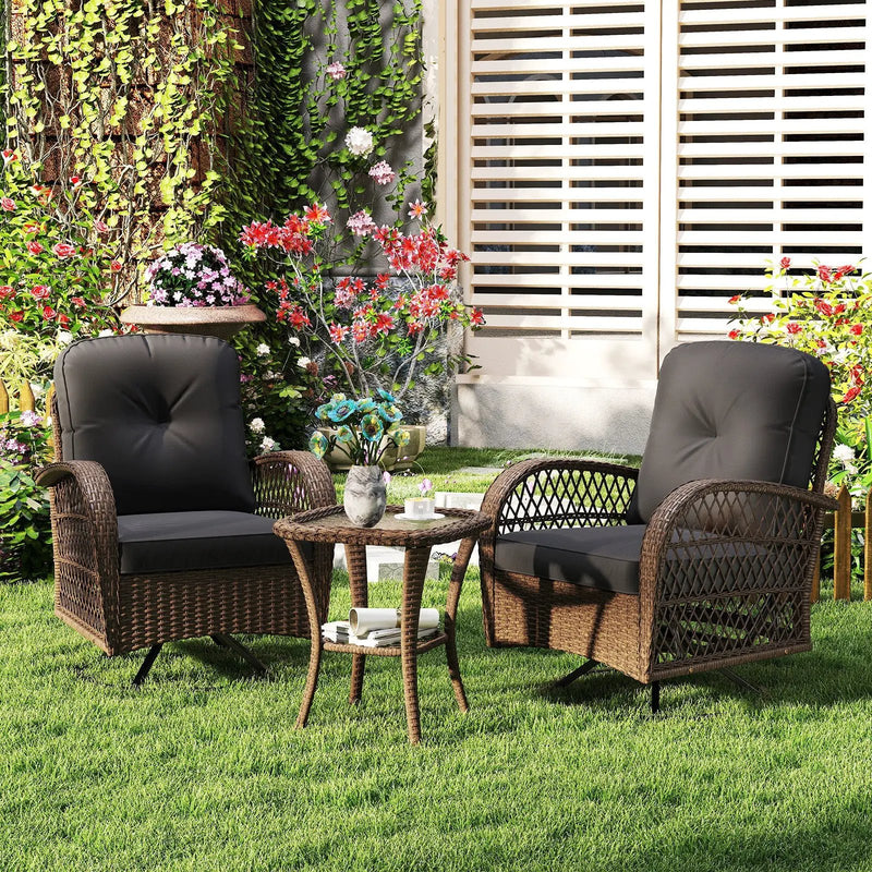 3 Piece Patio Swivel Rocker Set with Tempered Glass Side Table and Thick Cushions by DirectDeals
