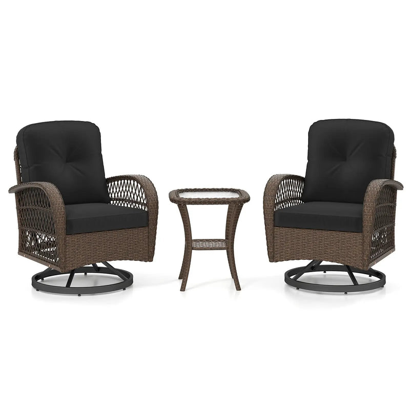 3 Piece Patio Swivel Rocker Set with Tempered Glass Side Table and Thick Cushions by DirectDeals