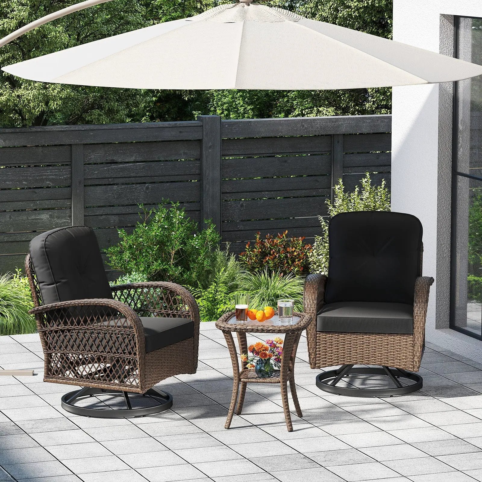 3 Piece Patio Swivel Rocker Set with Tempered Glass Side Table and Thick Cushions by DirectDeals