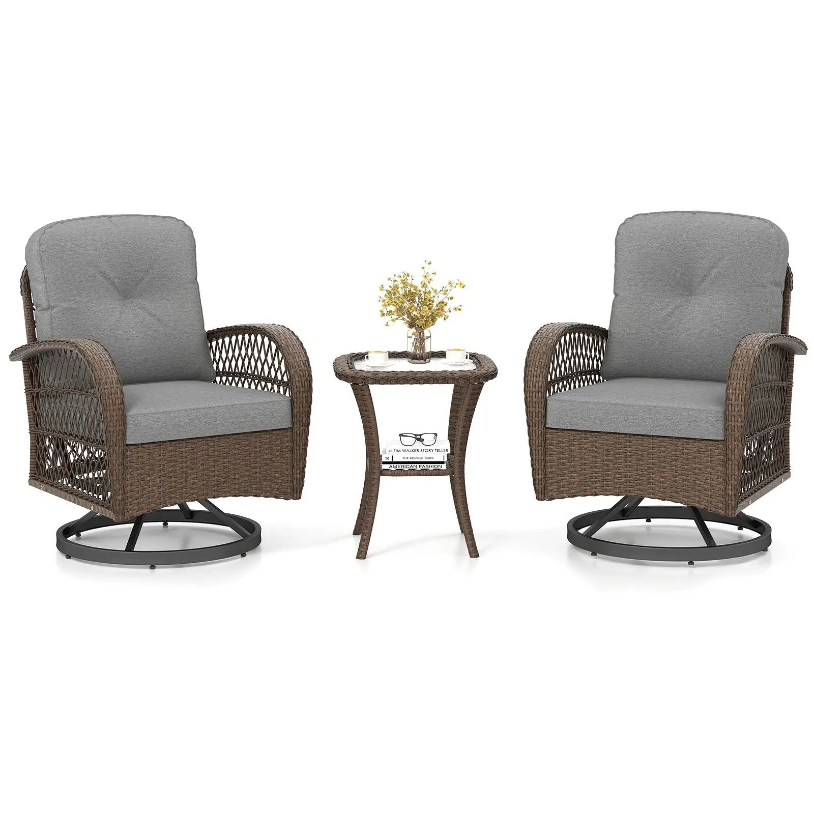 3 Piece Patio Swivel Rocker Set with Tempered Glass Side Table and Thick Cushions by DirectDeals