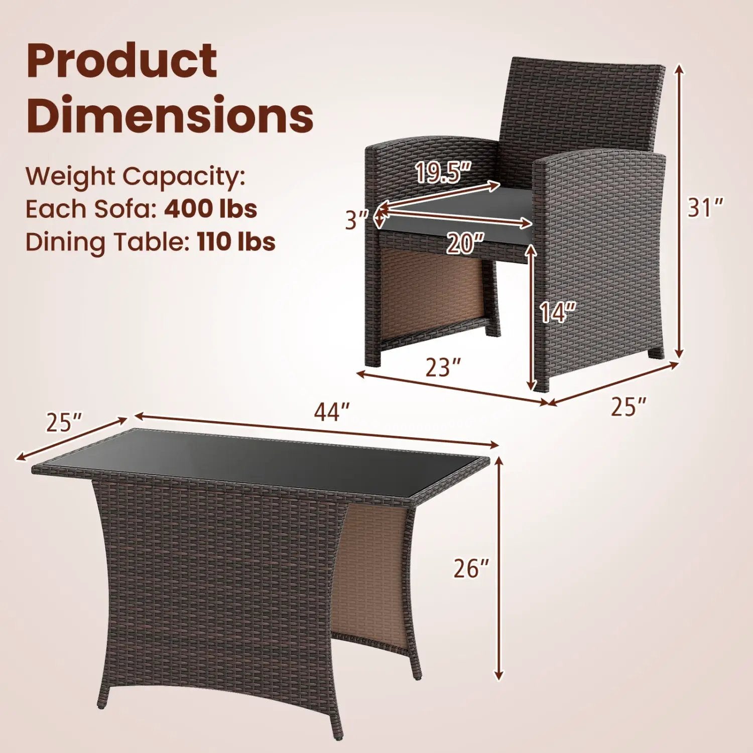 3-Piece Wicker Patio Dining Set with Tempered Glass Table by DirectDeals