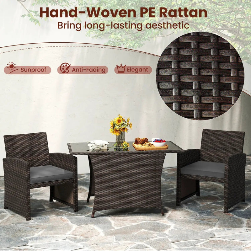 3-Piece Wicker Patio Dining Set with Tempered Glass Table by DirectDeals