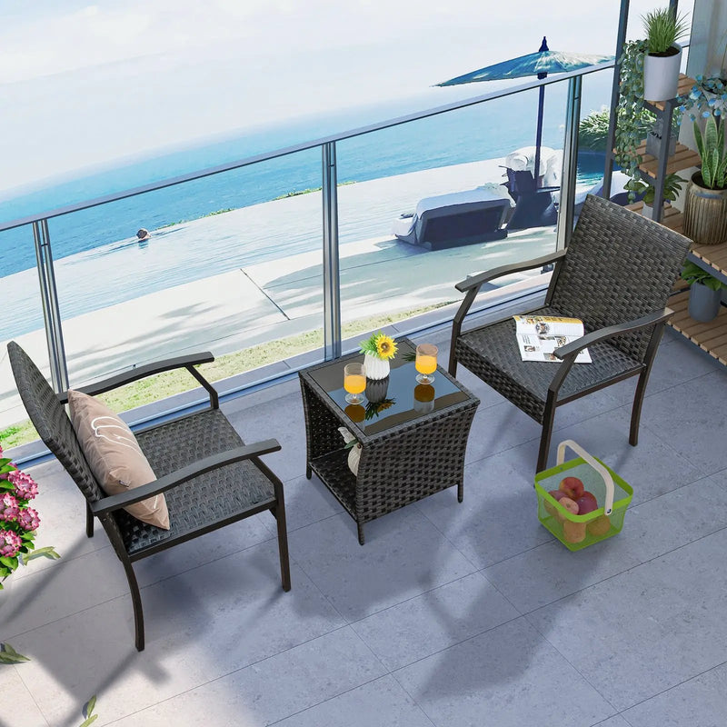 3 Piece Patio Wicker Chair Set with Quick Dry Foam Cushions All Weather by DirectDeals