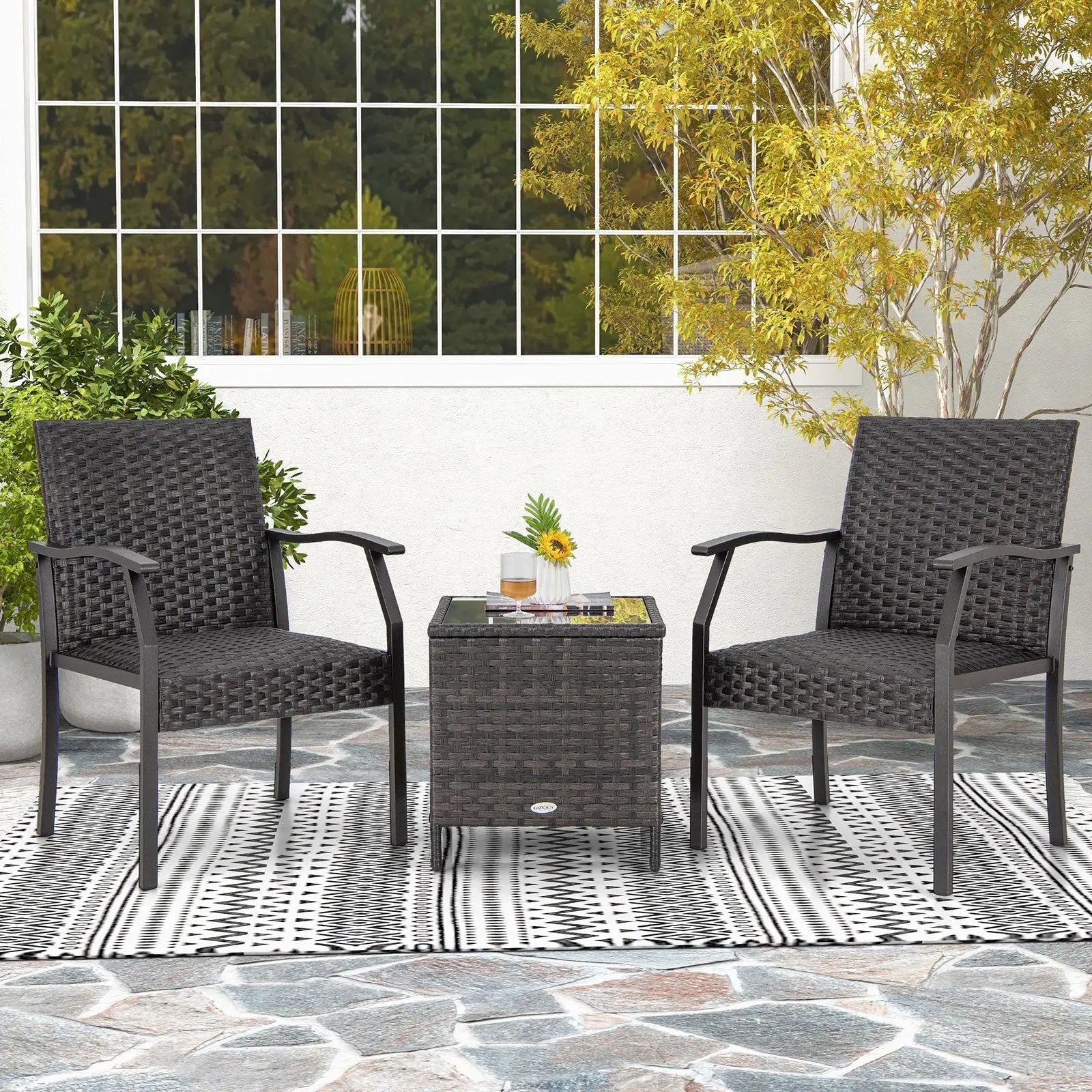 3 Piece Patio Wicker Chair Set with Quick Dry Foam Cushions All Weather by DirectDeals