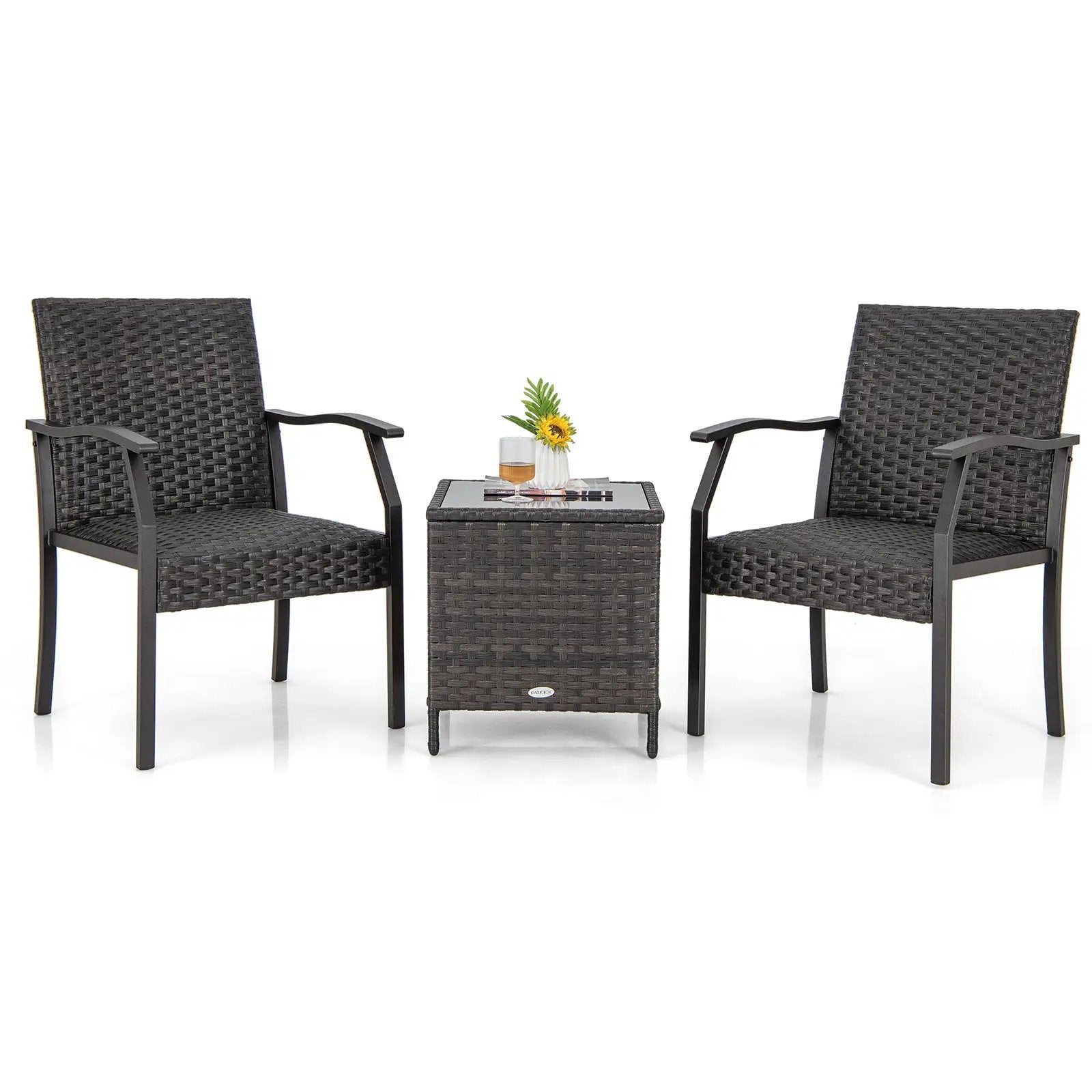 3 Piece Patio Wicker Chair Set with Quick Dry Foam Cushions All Weather by DirectDeals