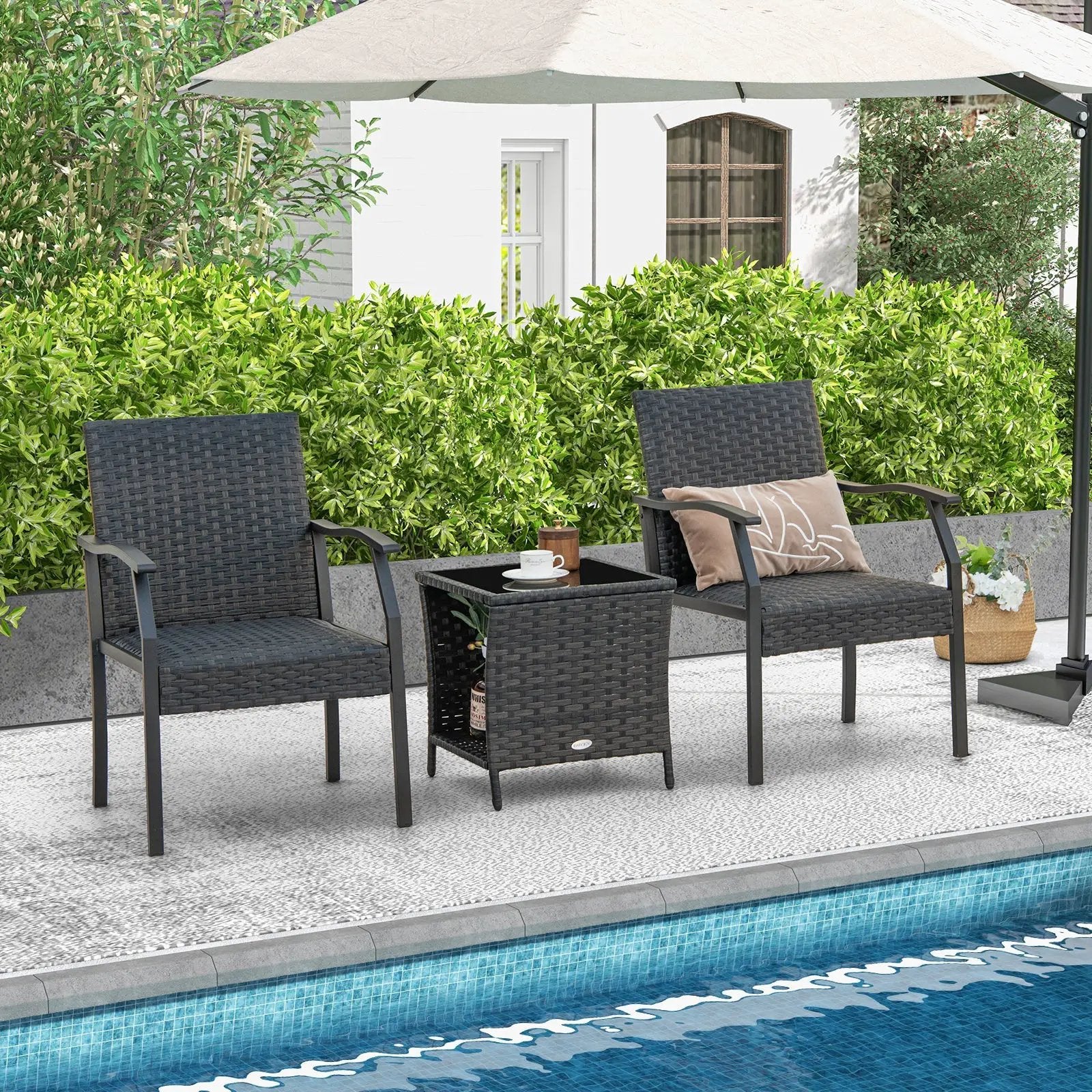 3 Piece Patio Wicker Chair Set with Quick Dry Foam Cushions All Weather by DirectDeals