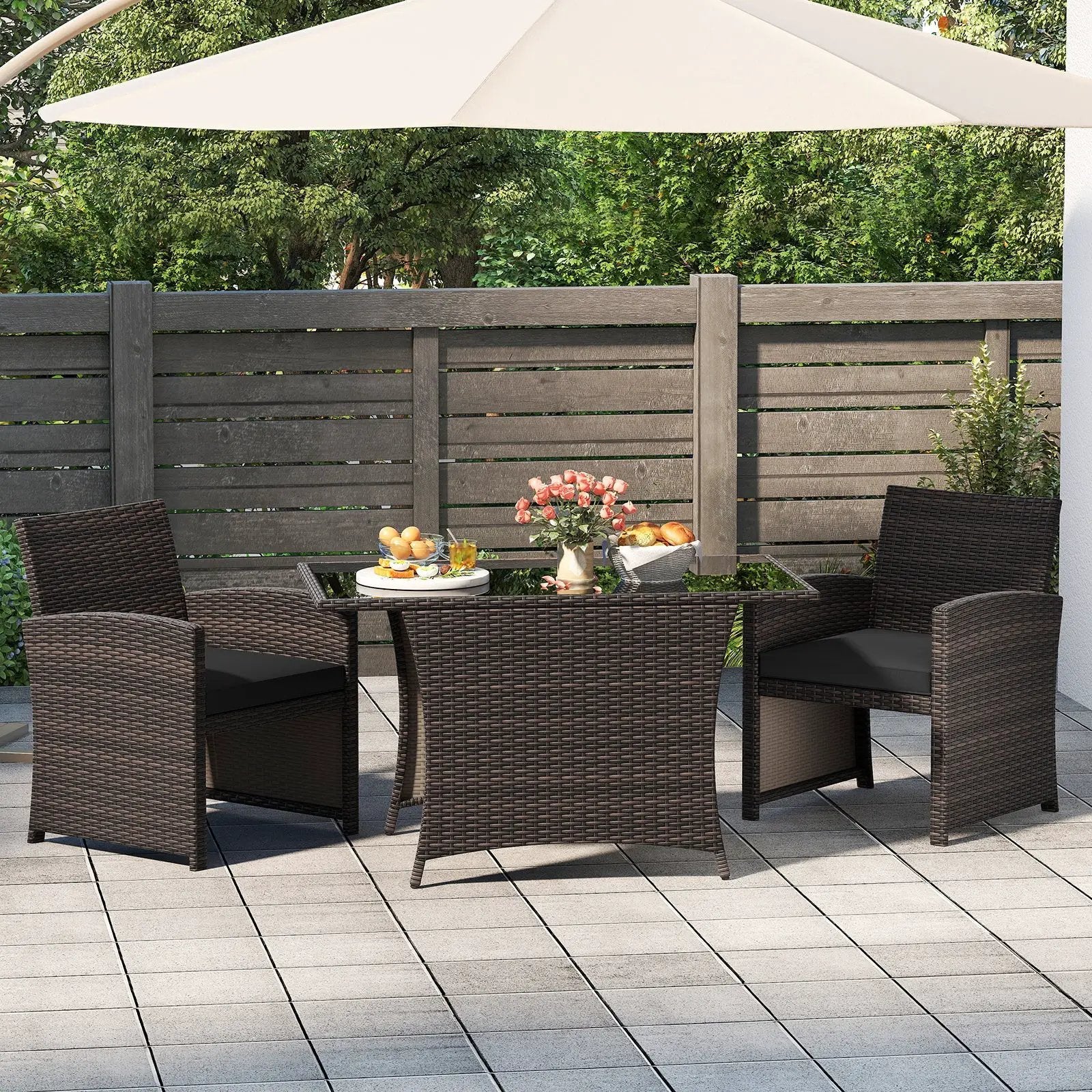 3 Piece Patio Wicker Dining Set with Rectangle Tempered Glass Dining Table-Brown by DirectDeals