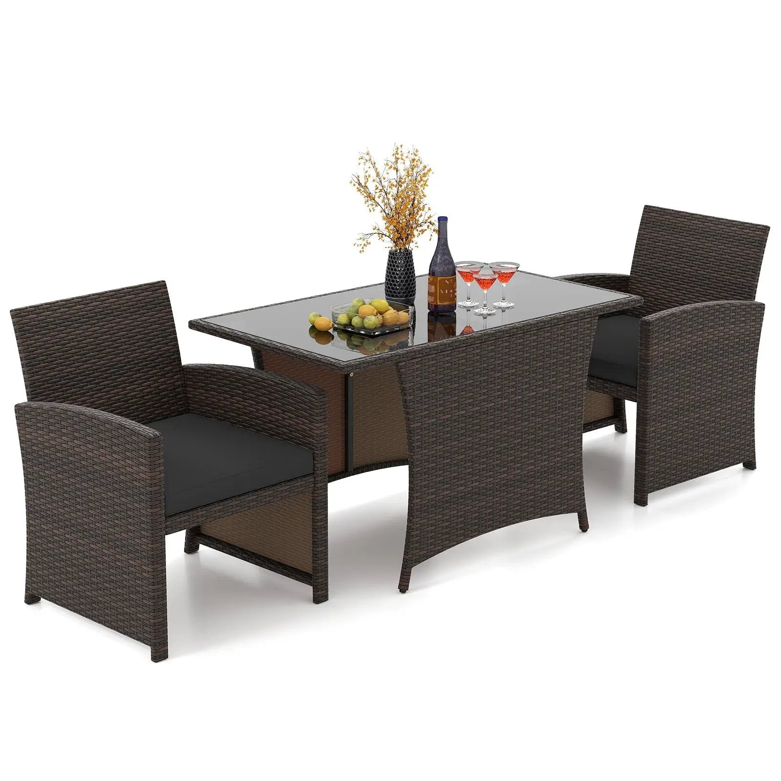 3 Piece Patio Wicker Dining Set with Rectangle Tempered Glass Dining Table-Brown by DirectDeals