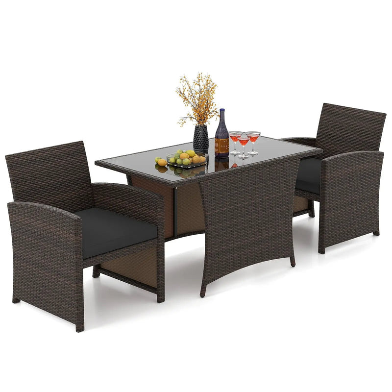 3 Piece Patio Wicker Dining Set with Rectangle Tempered Glass Dining Table-Brown by DirectDeals
