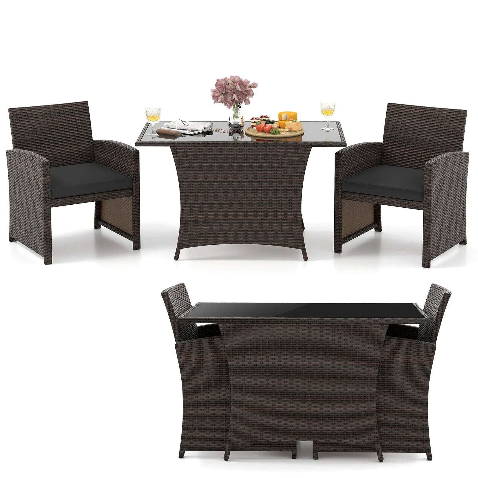 3 Piece Patio Wicker Dining Set with Rectangle Tempered Glass Dining Table-Brown by DirectDeals