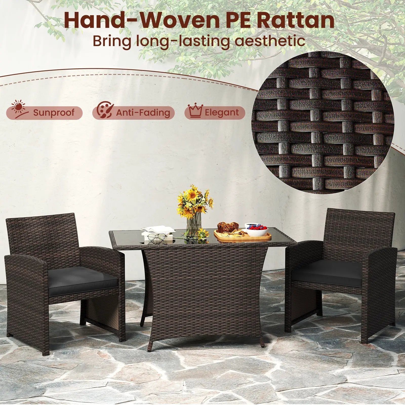 3 Piece Patio Wicker Dining Set with Rectangle Tempered Glass Dining Table-Brown by DirectDeals