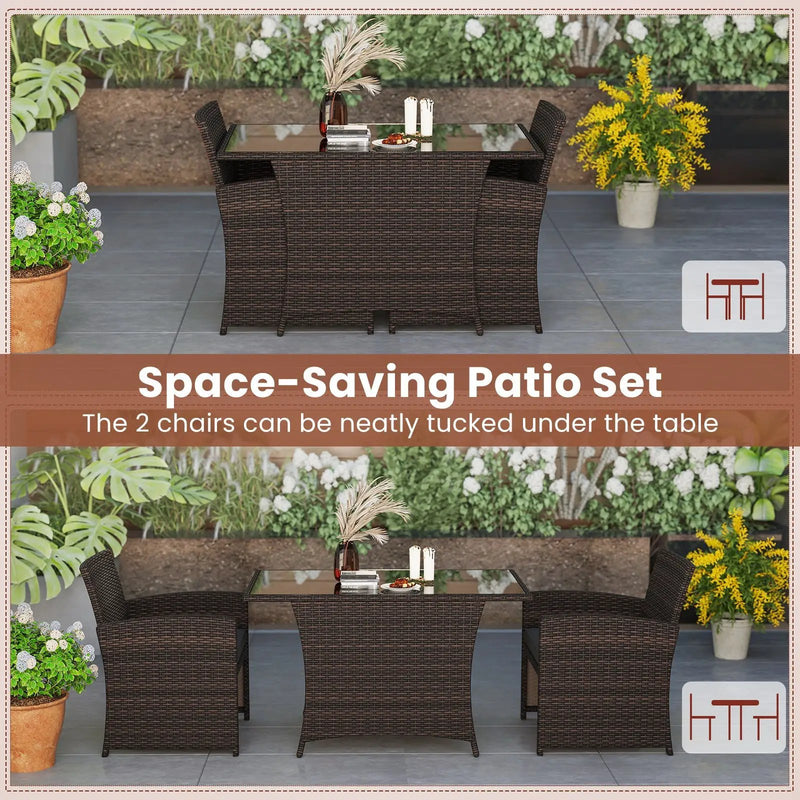 3 Piece Patio Wicker Dining Set with Rectangle Tempered Glass Dining Table-Brown by DirectDeals