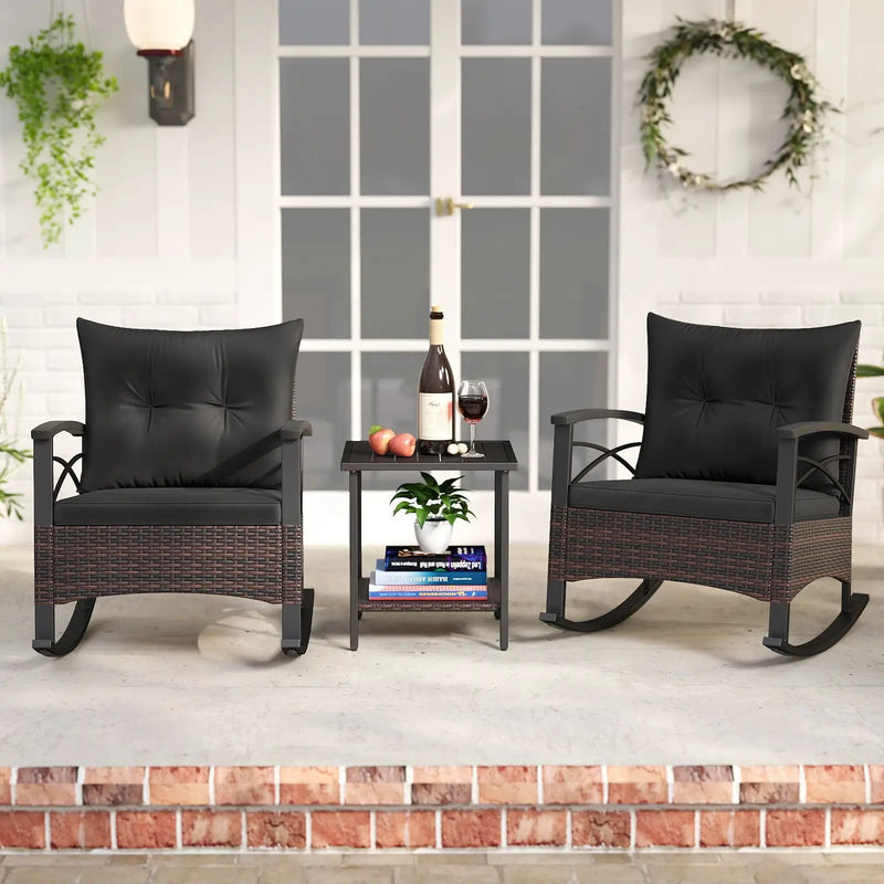 3 Piece Rocking Bistro Set PE Rattan Rocker Chairs with Acacia Wood Top Table by DirectDeals