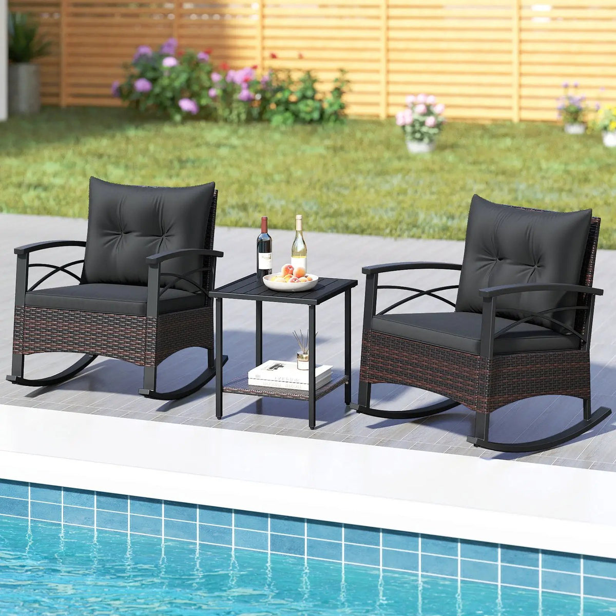 3 Piece Rocking Bistro Set PE Rattan Rocker Chairs with Acacia Wood Top Table, photo 4 of 32