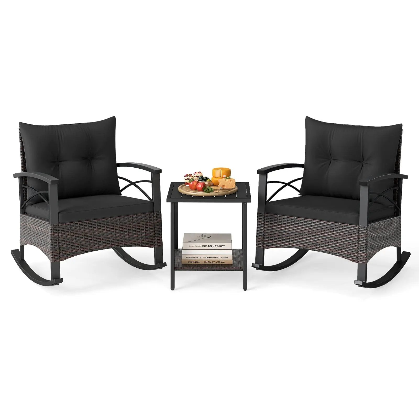 3 Piece Rocking Bistro Set PE Rattan Rocker Chairs with Acacia Wood Top Table by DirectDeals