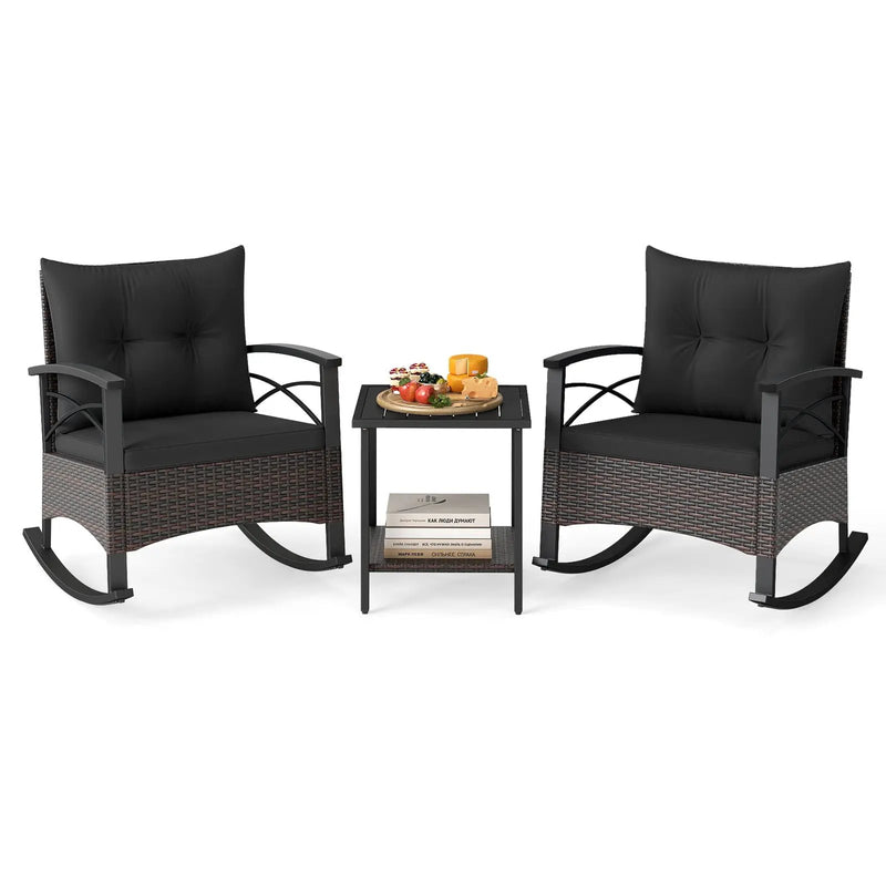 3 Piece Rocking Bistro Set PE Rattan Rocker Chairs with Acacia Wood Top Table by DirectDeals