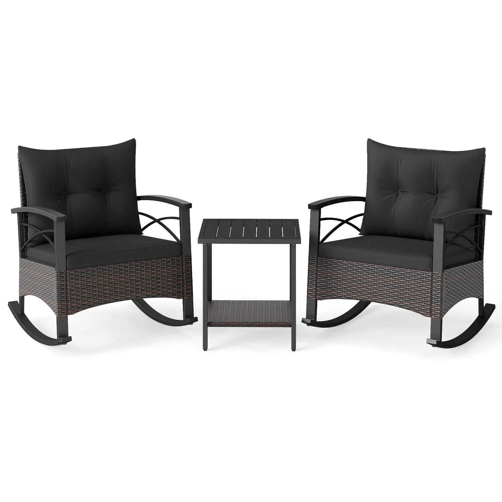3 Piece Rocking Bistro Set PE Rattan Rocker Chairs with Acacia Wood Top Table by DirectDeals