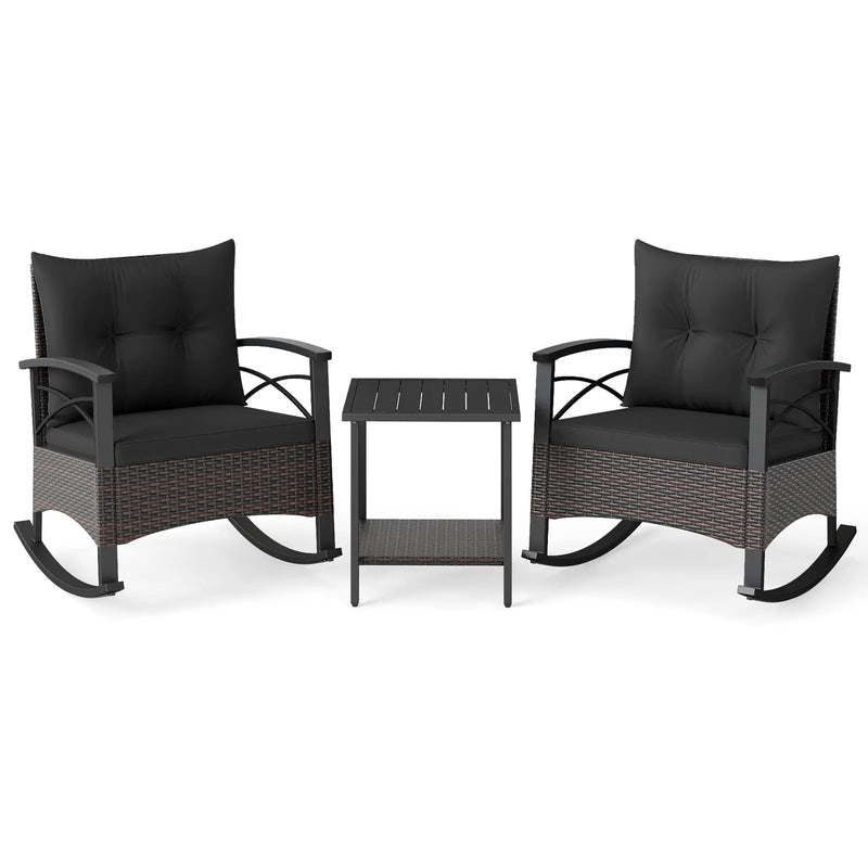 3 Piece Rocking Bistro Set PE Rattan Rocker Chairs with Acacia Wood Top Table by DirectDeals