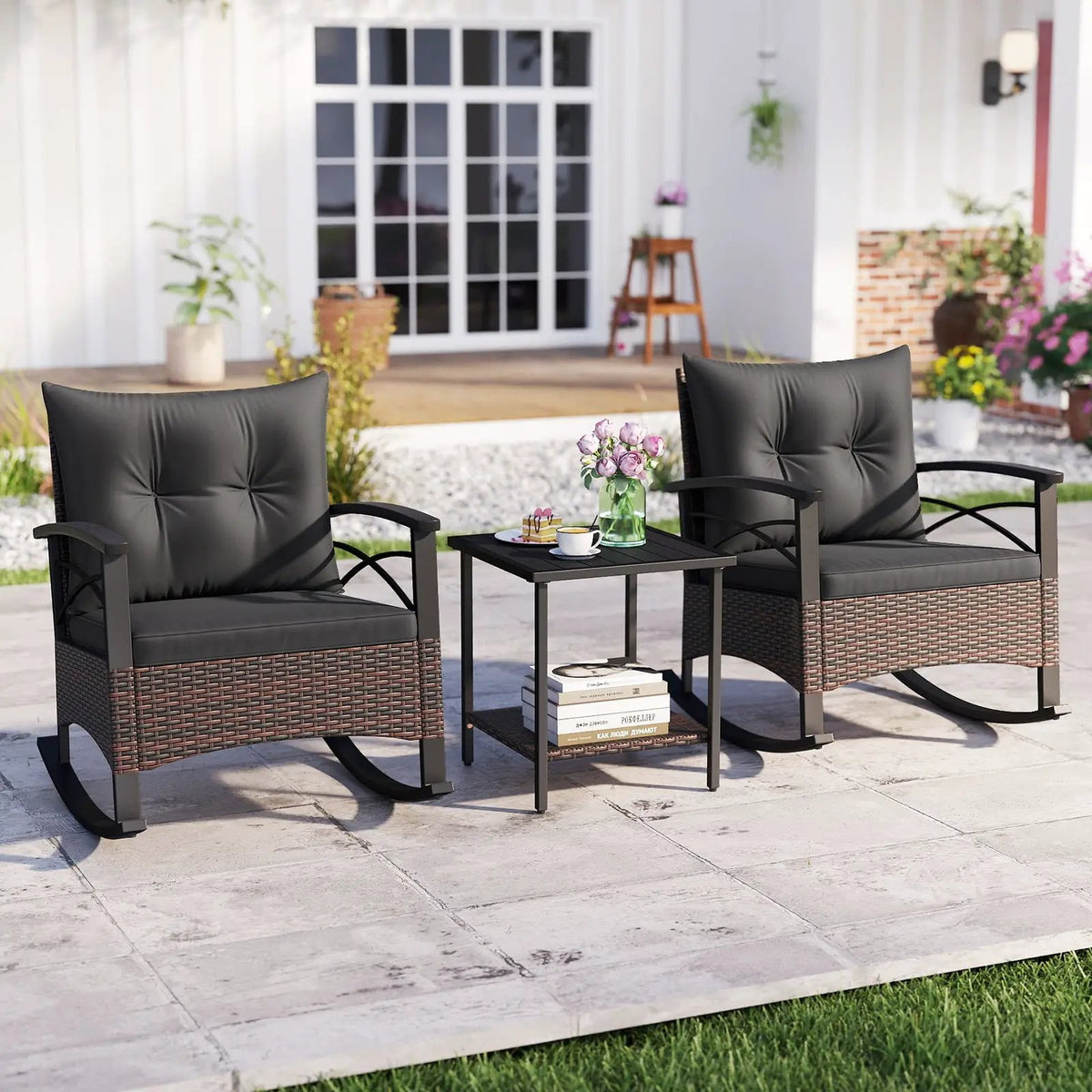 3 Piece Rocking Bistro Set PE Rattan Rocker Chairs with Acacia Wood Top Table, photo 24 of 32